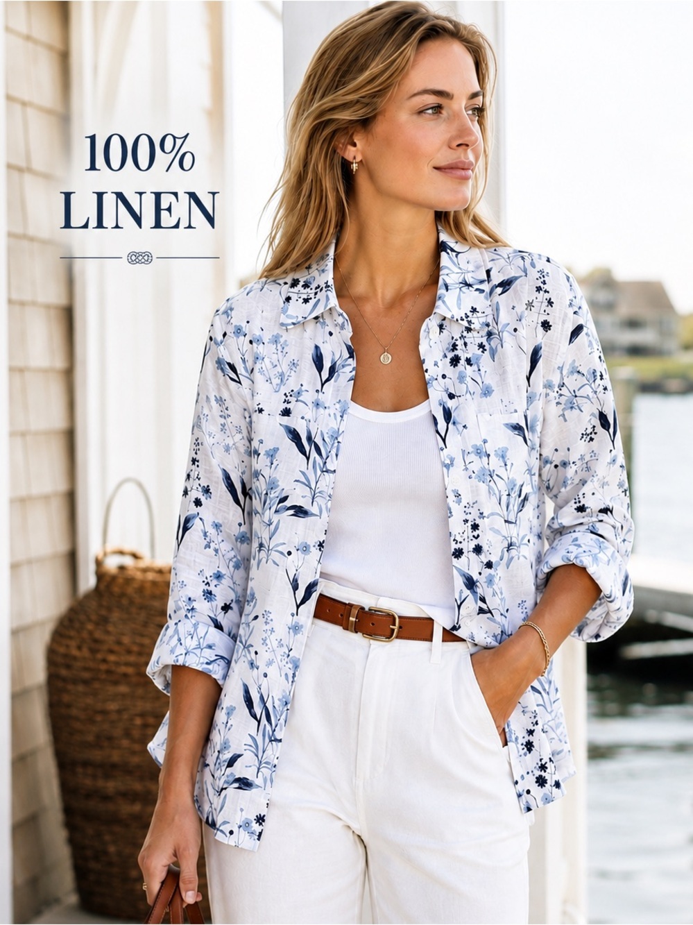 Coldwater Creek 100% Linen Botanical Print Jacket Shirt – XL – Blue & White